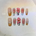 Lily hand carving nail art set with zebra patterns and embossed flowers in sizes XS S M L