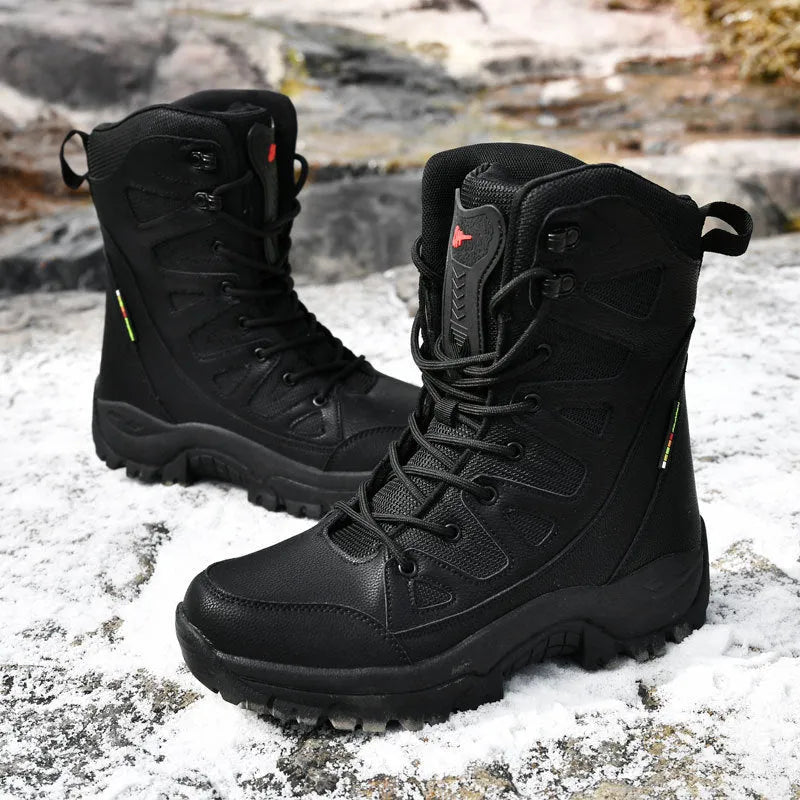 Beige cowhide leather hi-top hiking sneakers on a neutral background