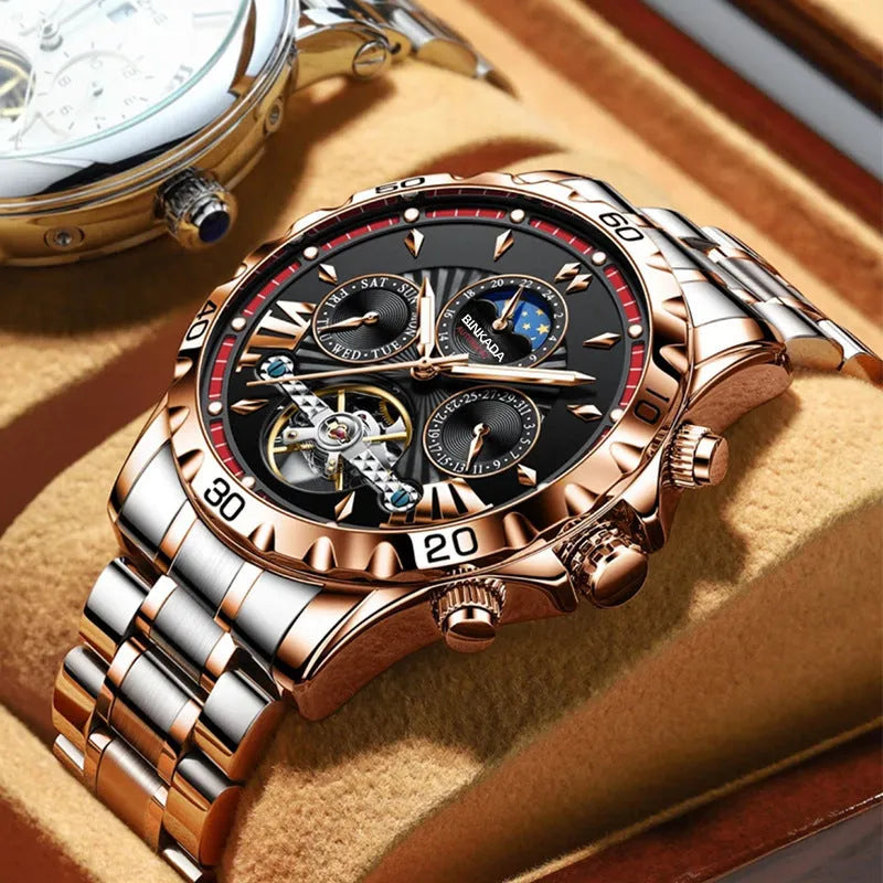 Full-automatic waterproof luminous mechanical watch with steel belt black 13mm thickness