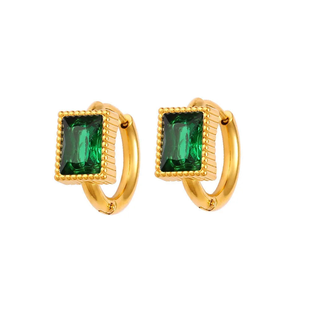 Geometric stainless steel earrings with square zircon stones in black, green, or white electroplated finishes