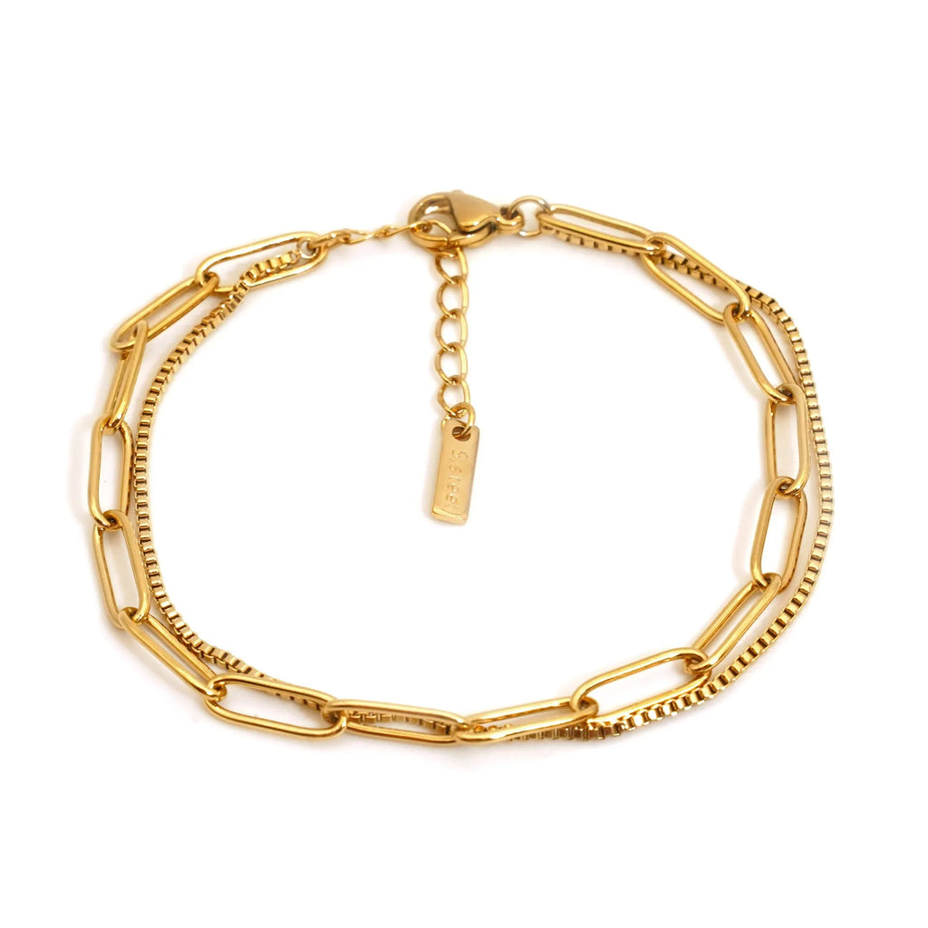 Women's double layer stainless steel bracelet with geometric design in gold or silver finish