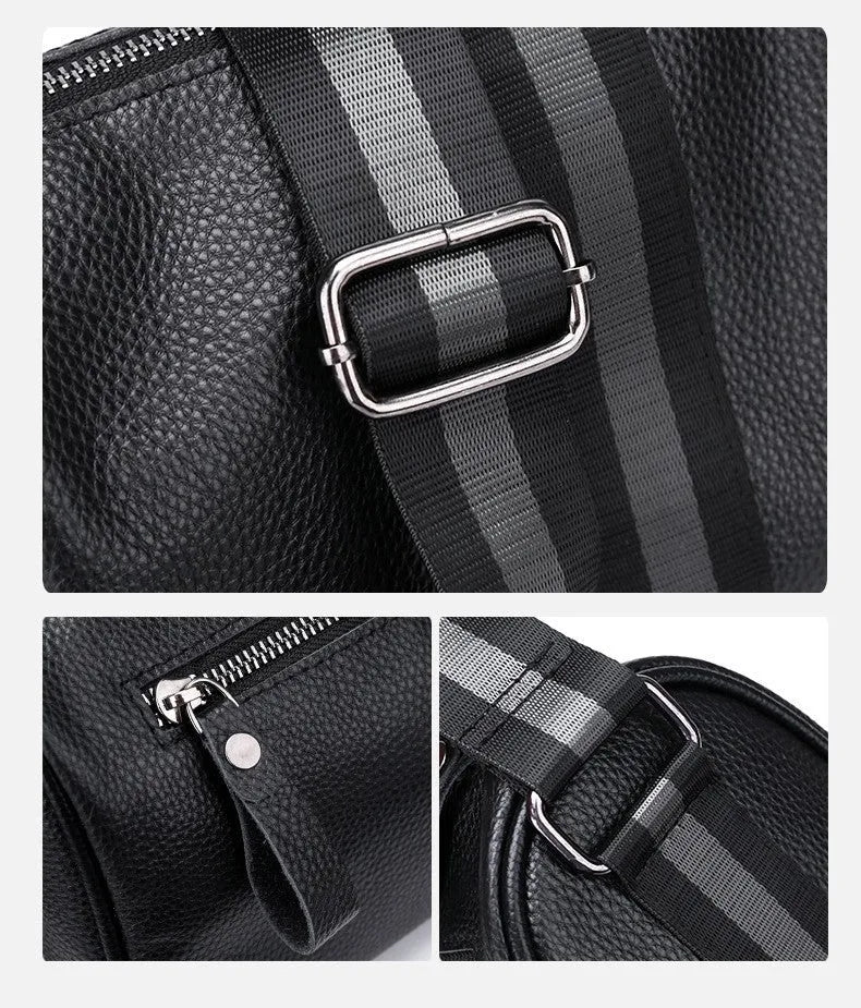 Black genuine leather one-shoulder crossbody bag with large capacity