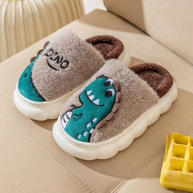 Couple set of plush dinosaur print slippers in grey, coffee, or orange, showing thick indoor design.