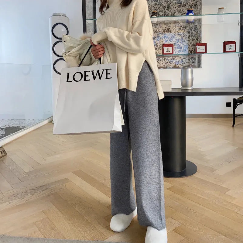 Women's cream white knitted wide-leg trousers with high waist for autumn winter wear
