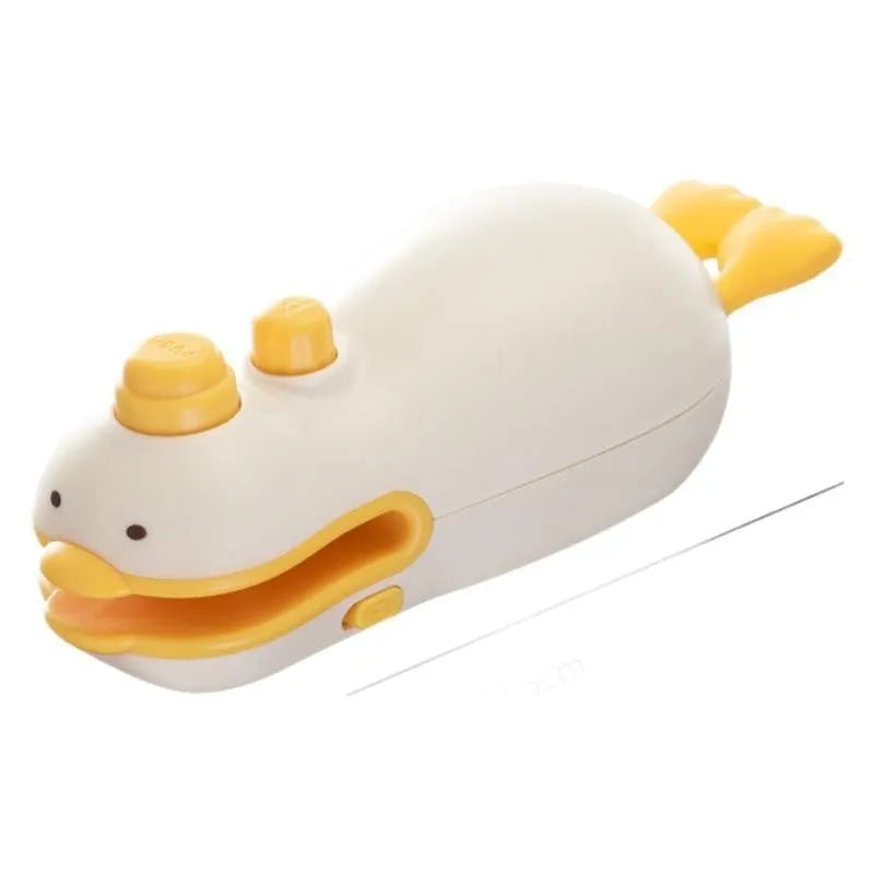 Small yellow duck shaped rechargeable sealing machine with charging cable on a white background.