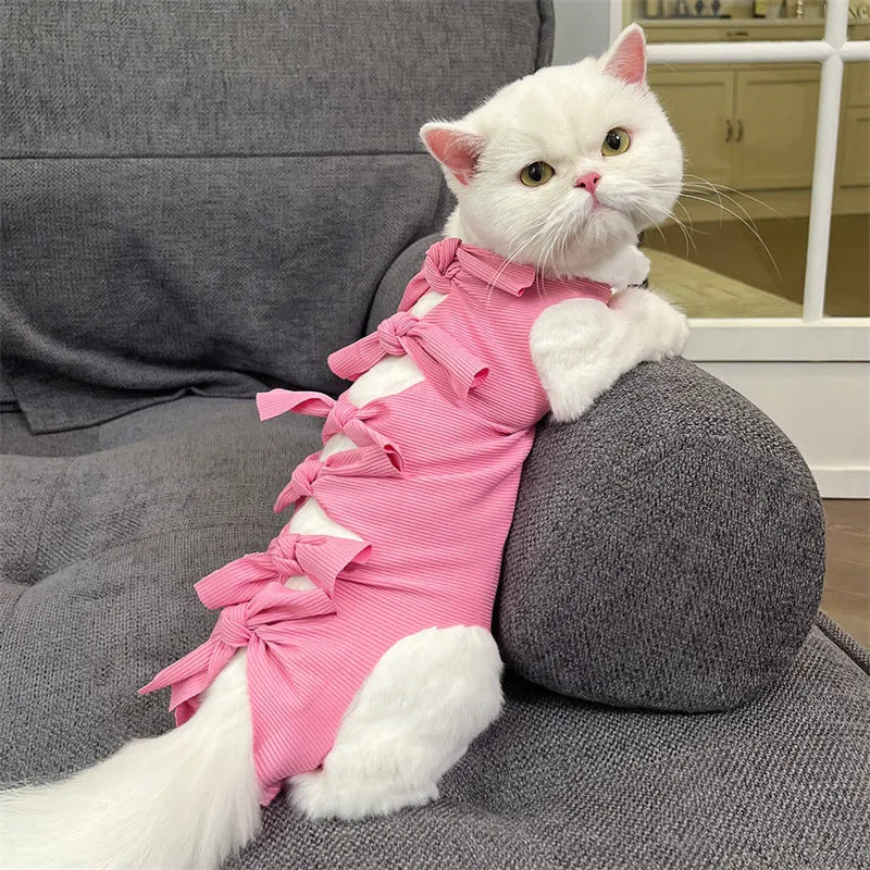 Cat wearing a pink lace-up polyester sterilisation suit after surgery, showing the adjustable tie closure.