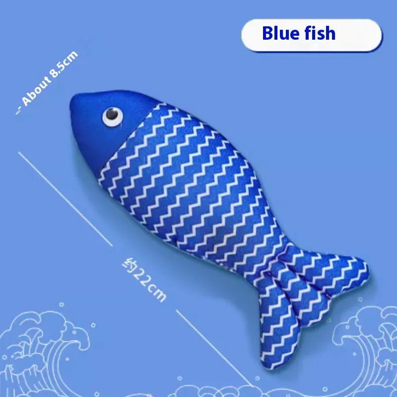 Catnip stuffed fish toy for cats in blue, red and yellow colour options showing large and medium size comparison