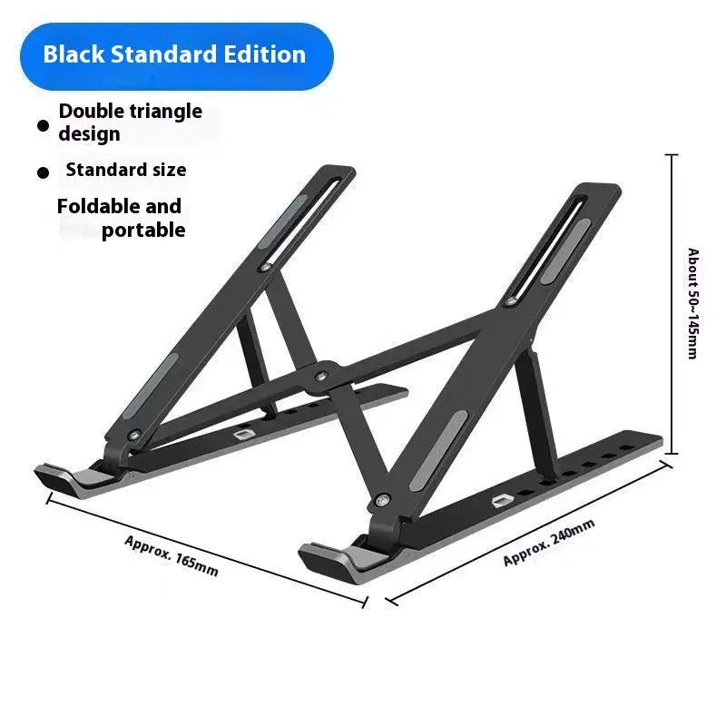 Silver aluminum alloy folding laptop stand supporting a large 18 inch notebook on a desk