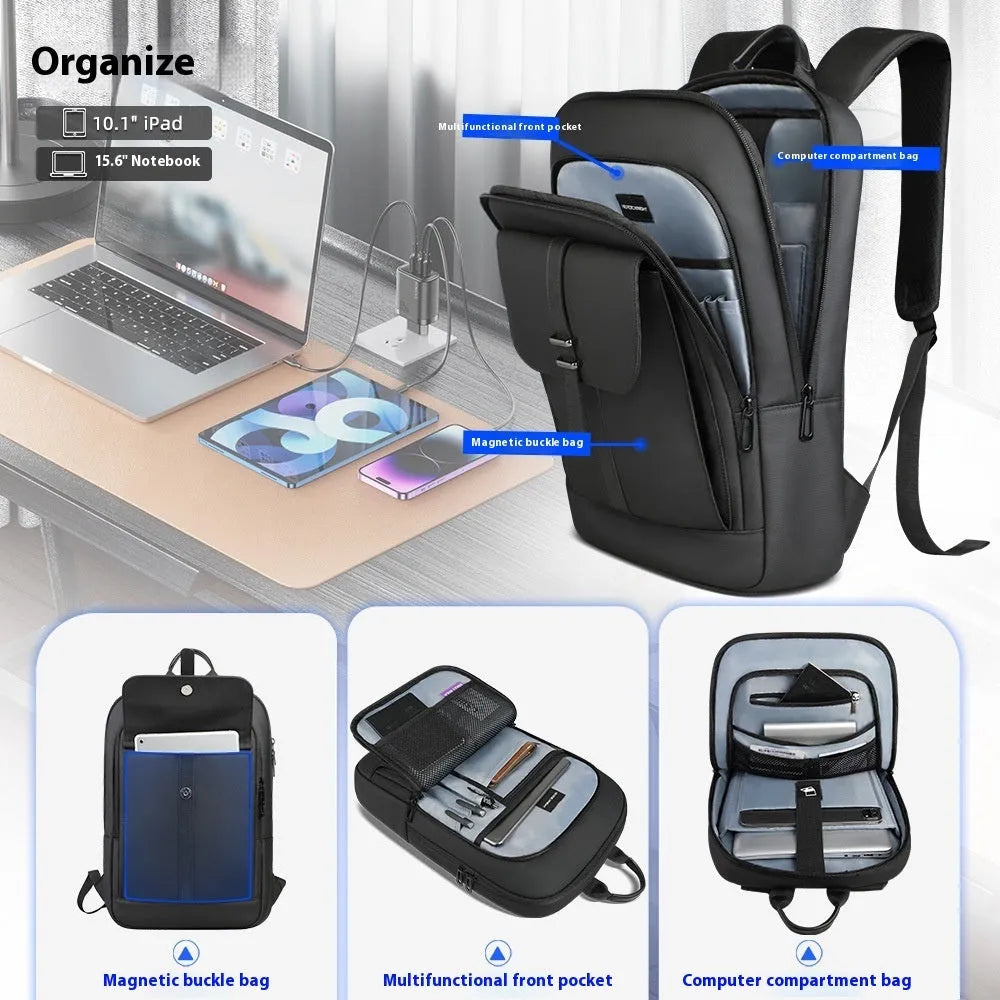 Black lightweight Oxford cloth backpack with visible sewing lines for urban commute use.