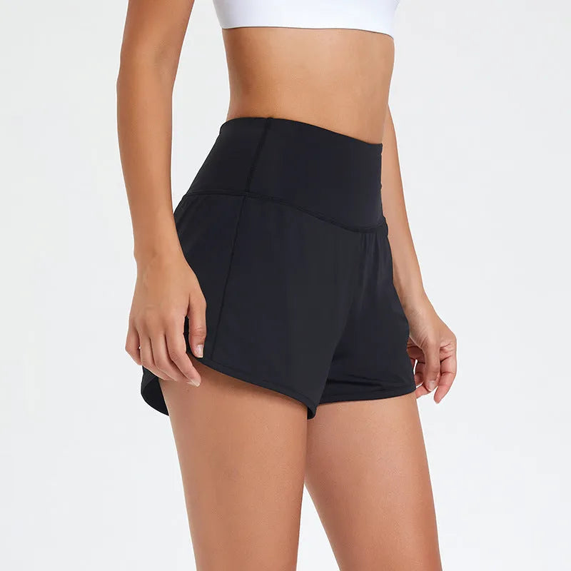 Black women's high-waist quick-dry nylon fitness shorts for running and gym workouts.