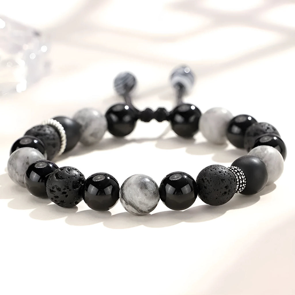 Black agate map stone volcanic rock bracelet with diamond design in 10mm and 8mm sizes
