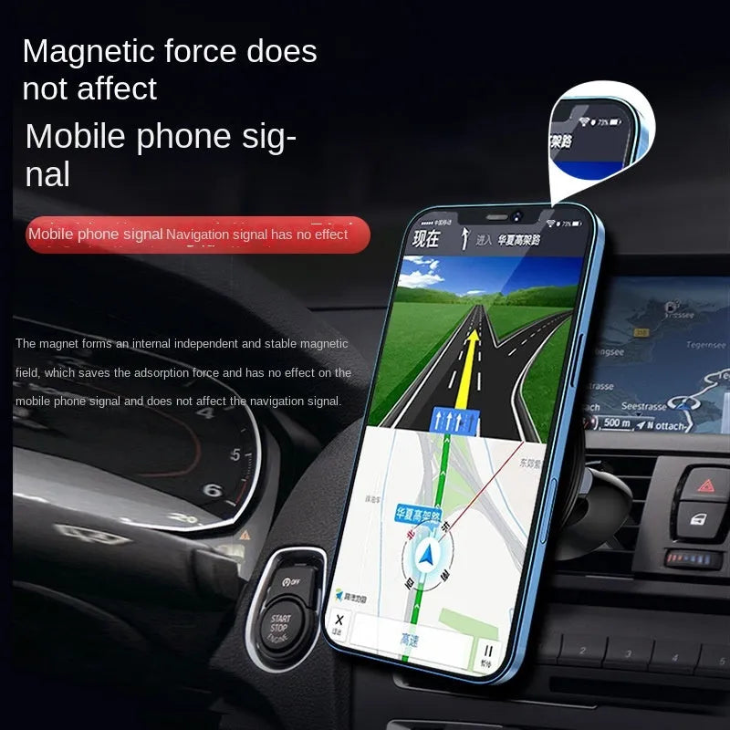 Black aluminium alloy magnetic suction car phone holder mounted on a car air vent.
