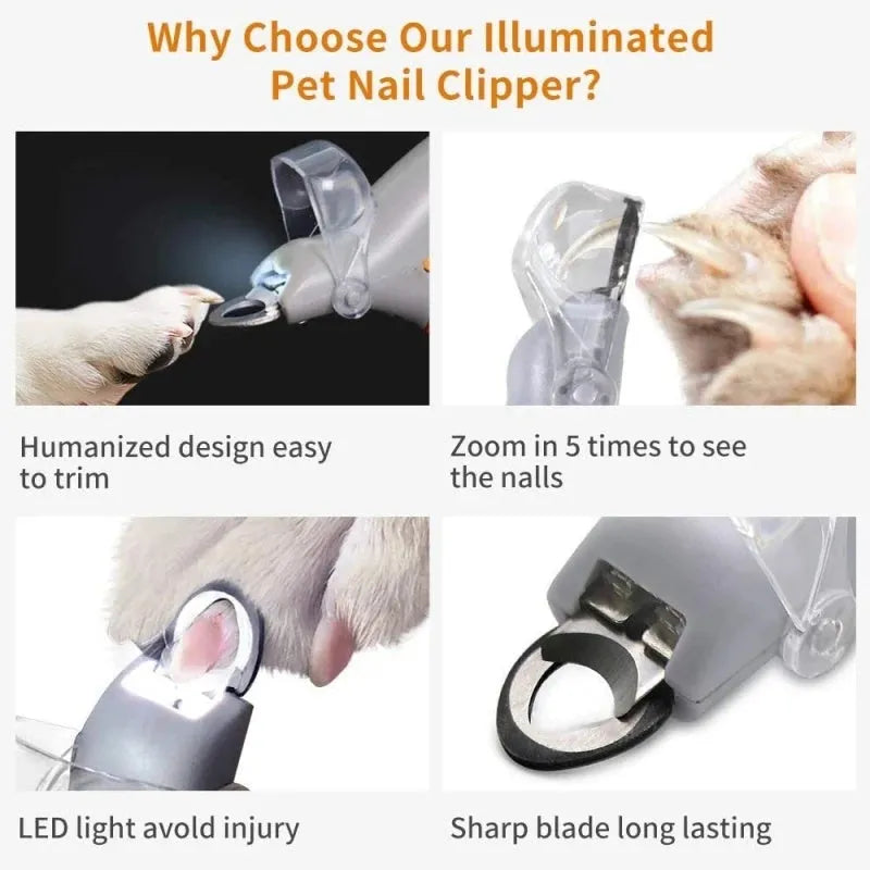 Yellow pet nail clipper with LED light and magnifying glass for dog and cat grooming