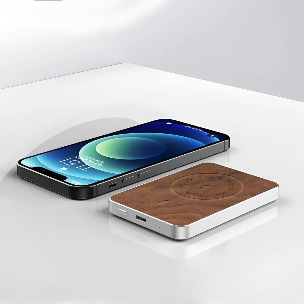 Khaki magnetic wireless charging bank 5000mAh with alloy shell and USB port