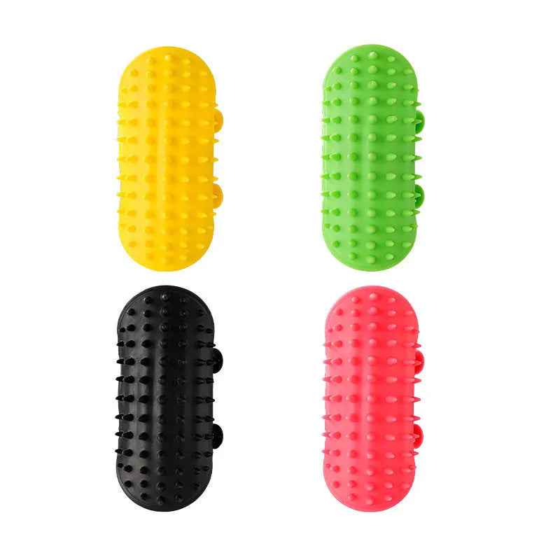 Silicone pet grooming massage comb with rounded teeth and adjustable strap for table leg mounting