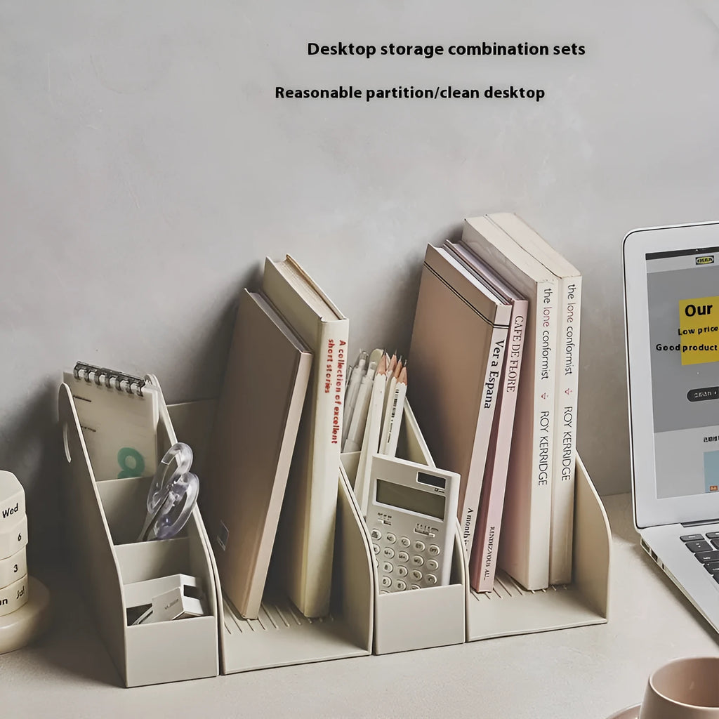 Desktop stationery storage box with two-tier grid design in milk coffee or ivory white colour