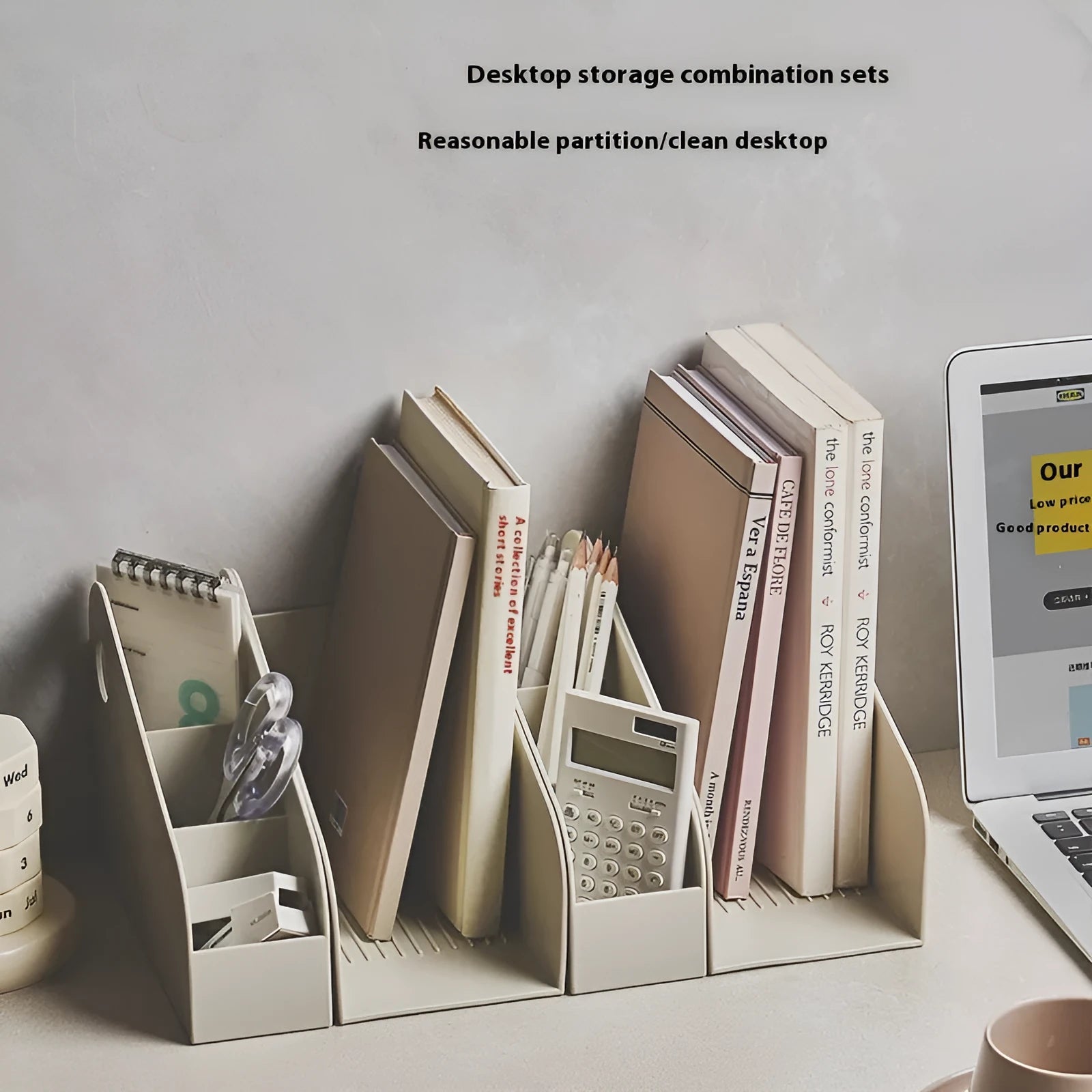 Desktop stationery storage box with two-tier grid design in milk coffee or ivory white colour