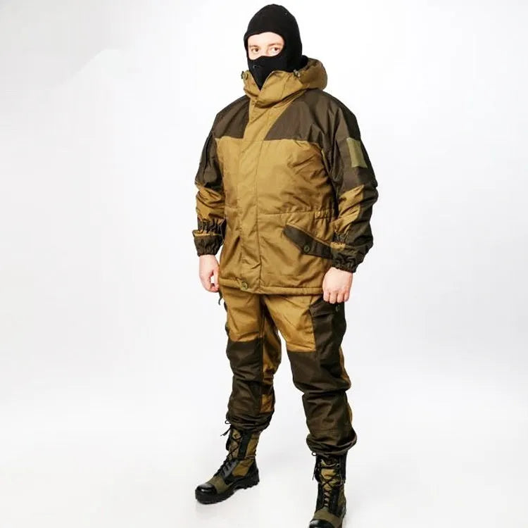 Men's Special Forces tactical camouflage battle suit jacket and trousers set in cotton blend fabric.