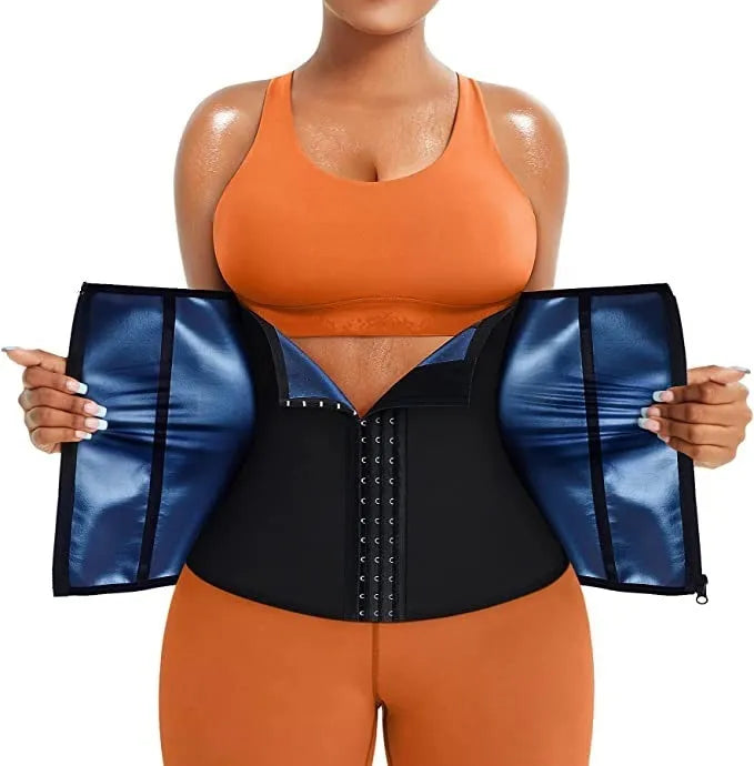 Blue neoprene adjustable abdominal support belt shown with size adjustment features