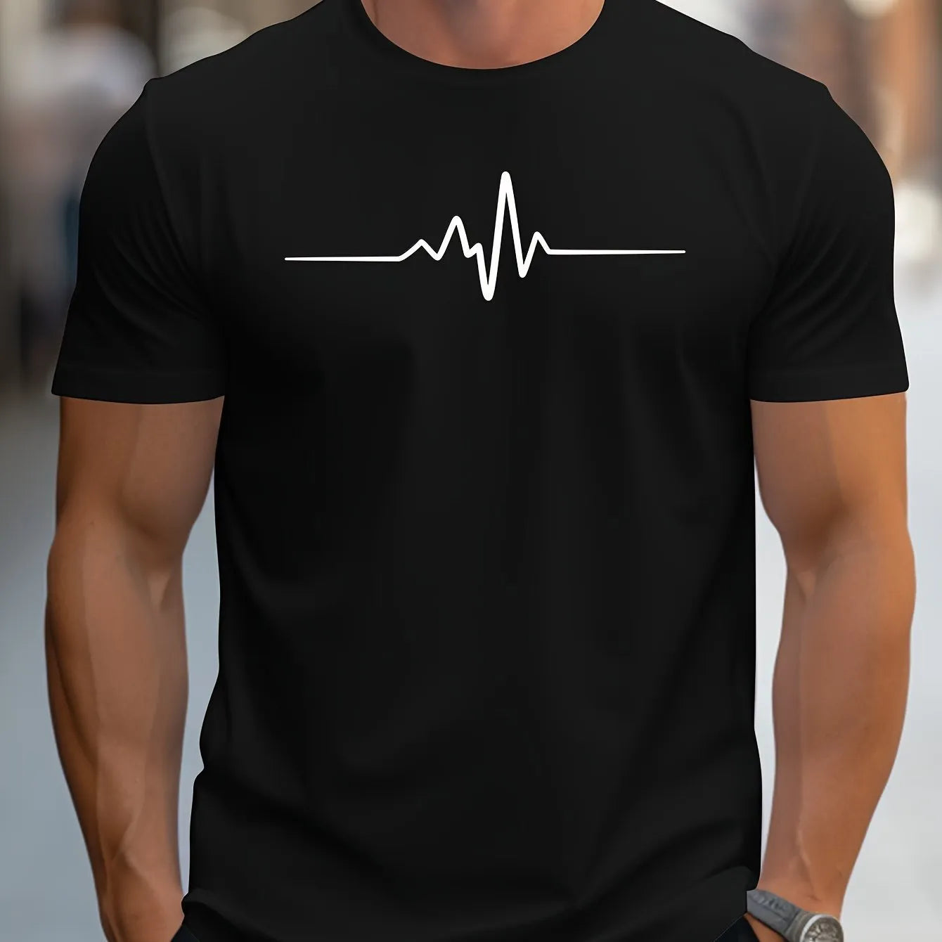 Men's short sleeve T-shirt with letter pattern in chemical fibre blend fabric showing loose fit design