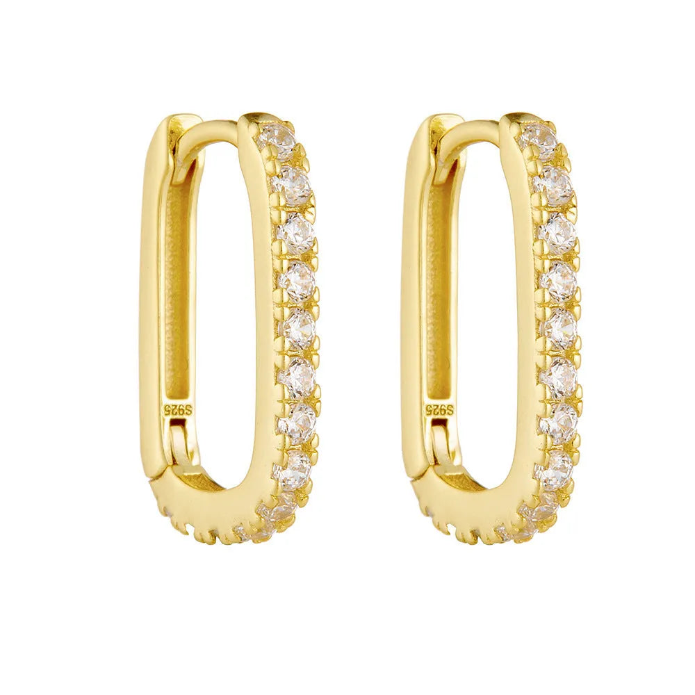 S925 sterling silver oval zircon ear clips with geometric quadrilateral design