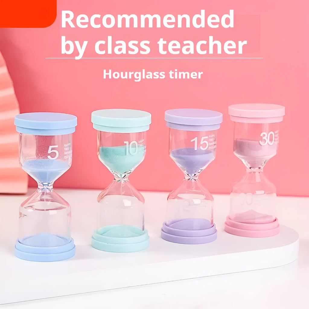 Handmade glass sand timer in blue, showing sand flowing, on a wooden table.