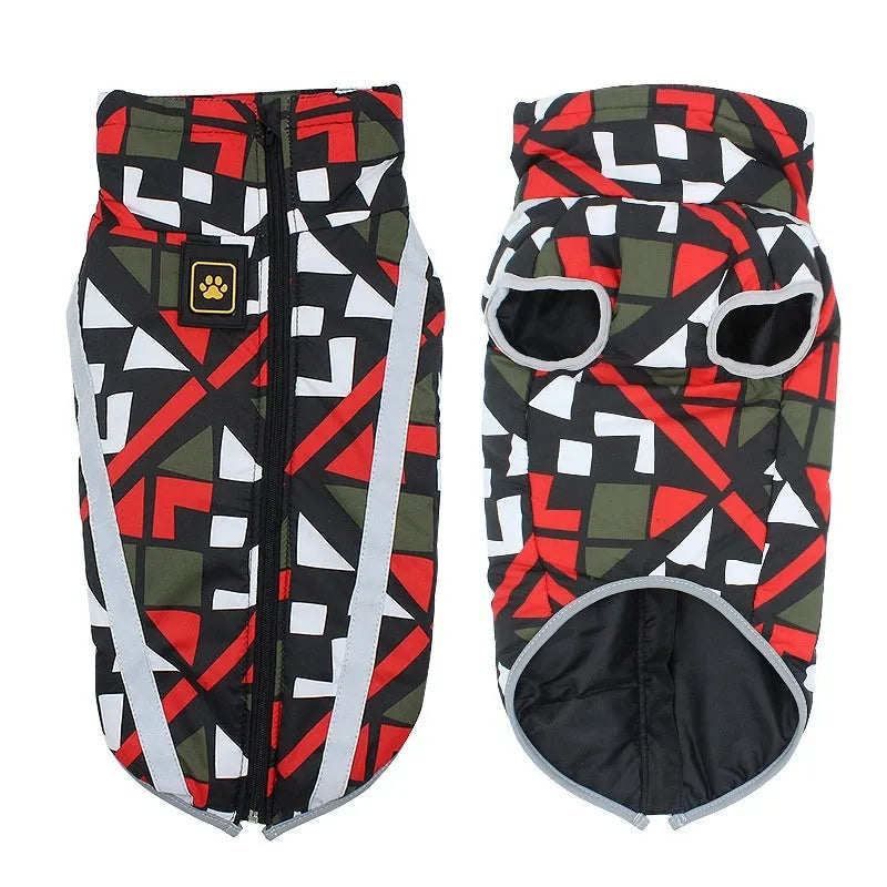 Dog wearing reflective winter jacket with geometric pattern design