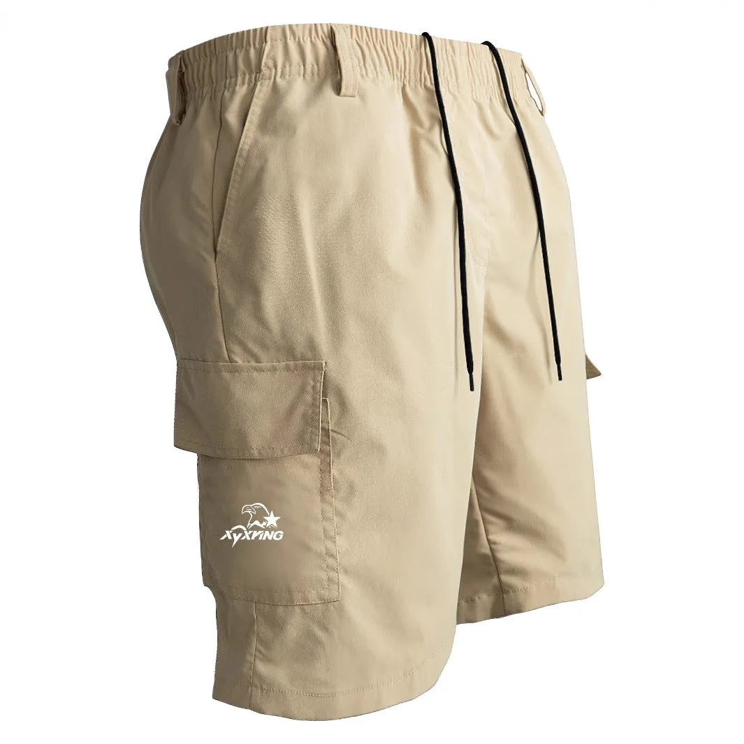 Man wearing loose straight-leg khaki casual sports shorts made from polyester
