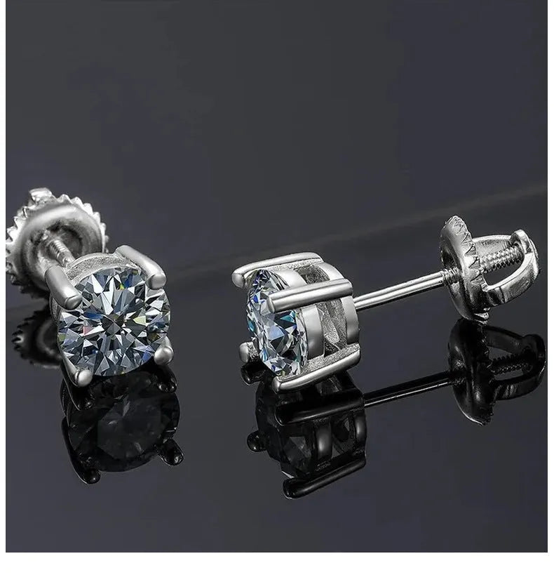 Silver moissanite screw-back stud earrings with four-claw setting on black card