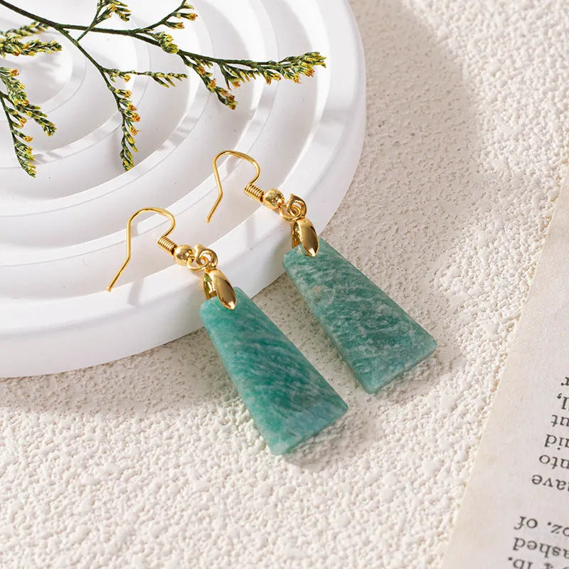 Amazonite rough stone trapezoid earrings with octagon detailing in gold or silver finish