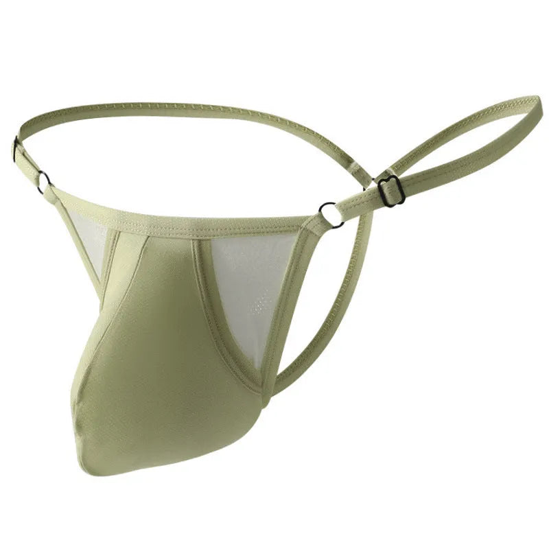 Men's ice silk T-back panties with thin adjustable straps in six colour options