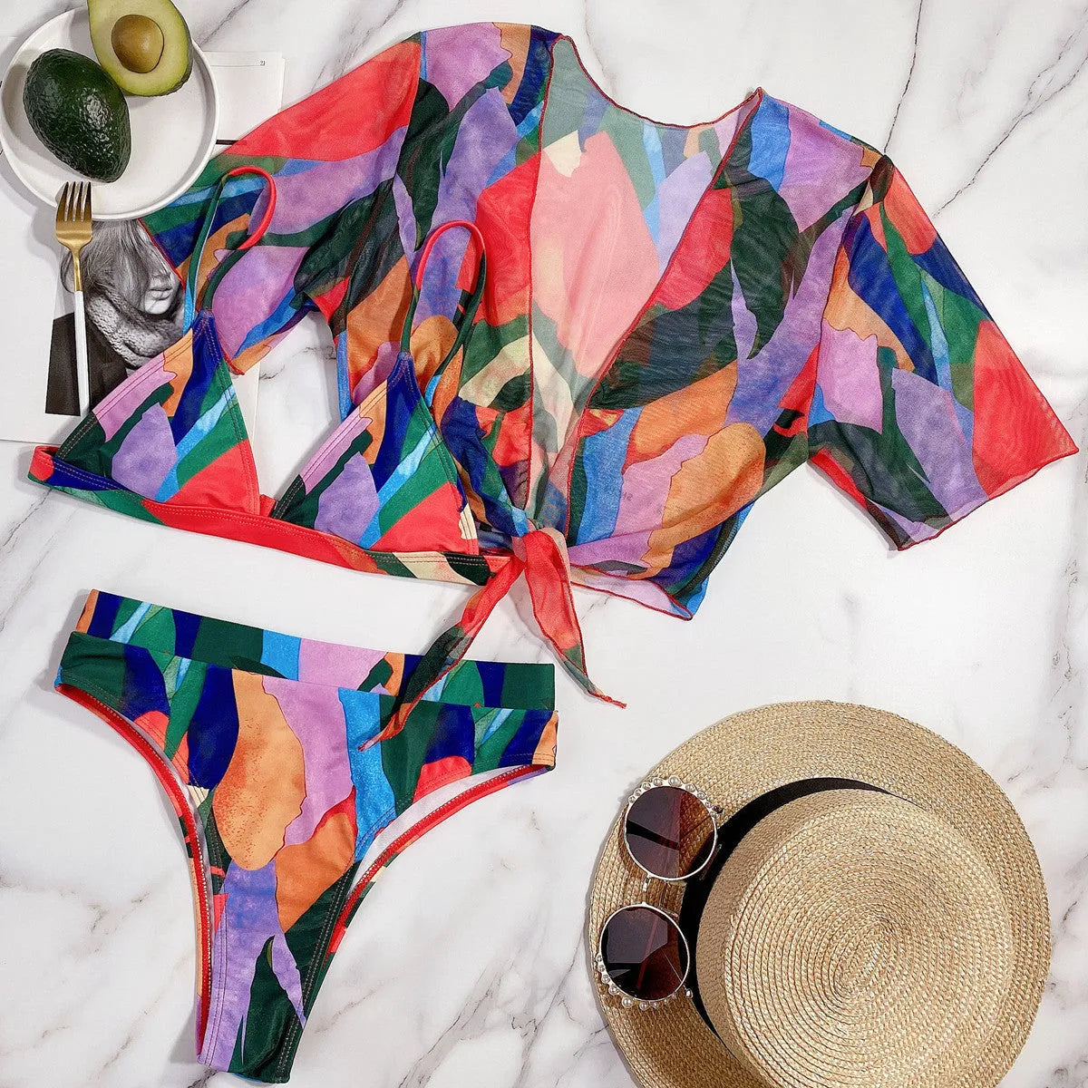 Red women's printed split swimsuit in nylon fabric for swimming and wading sports