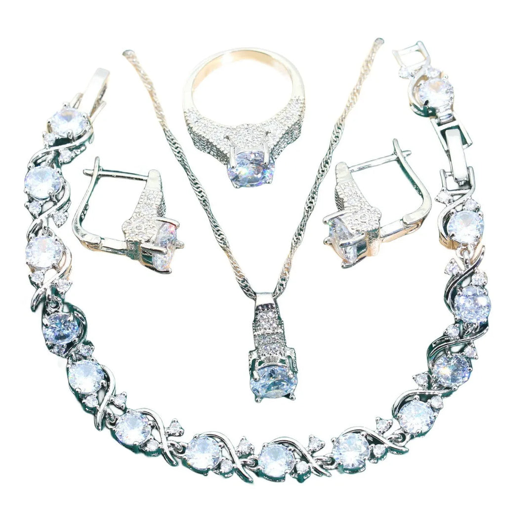 Bridal zircon jewellery set with necklace, earrings, ring and bracelet in multiple colour options
