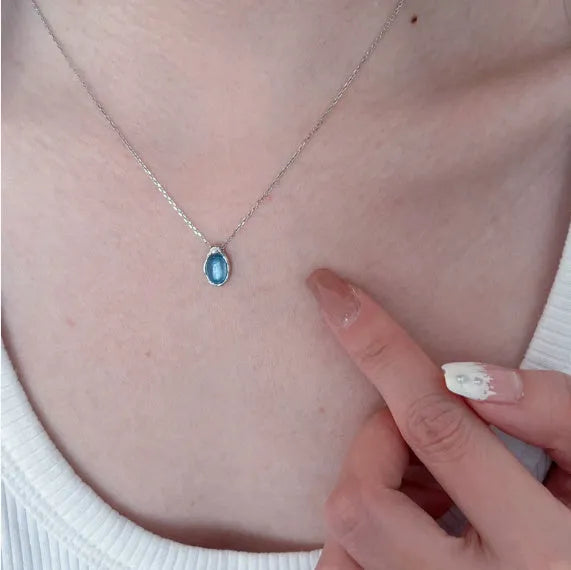 Navy blue water drop geometric pendant on adjustable copper chain with platinum colour finish