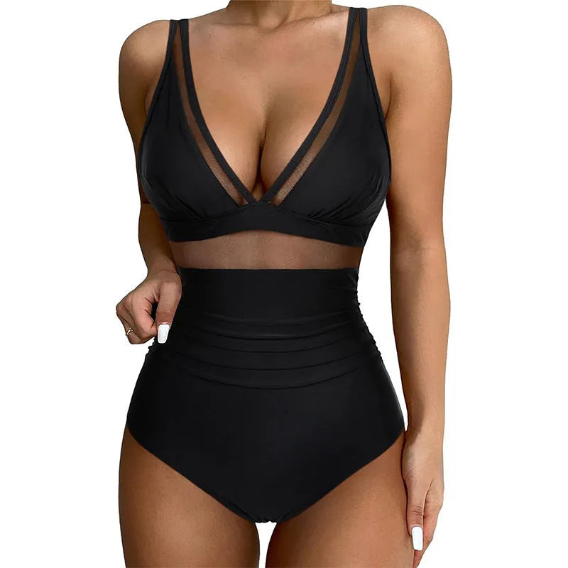 Black mesh halter one-piece swimsuit with briefs cut and sleeveless design