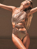 Gold backless one-piece swimsuit for women with spandex construction in S, M, L sizes