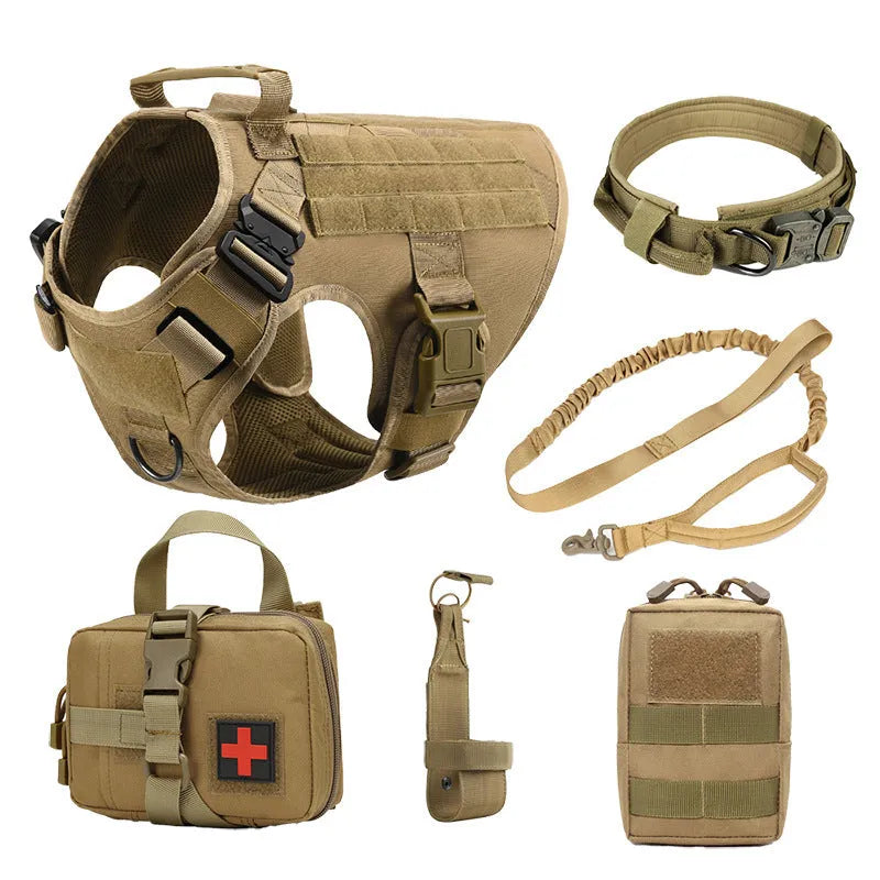 Dog wearing six-piece combat training vest in black polyester with multiple attachment points