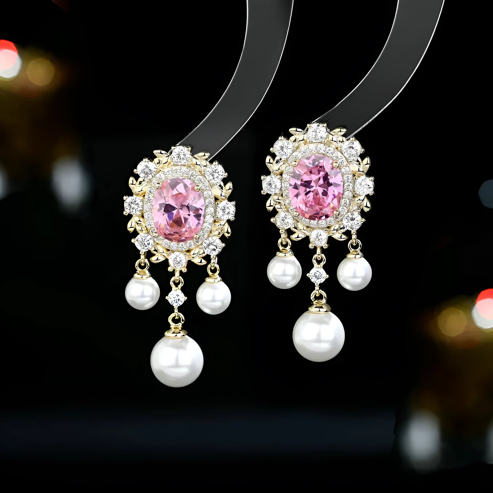 Copper oval earrings with zircon inlaid detail and pearl tassel pendant in light purple colour