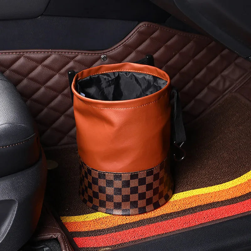 Retractable leather car interior trash can showing folded and extended positions