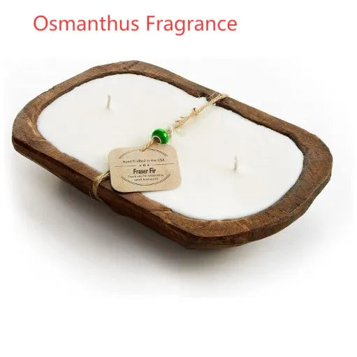 Retro lavender wooden basin containing a soy wax aromatherapy candle with a three-lamp wick.