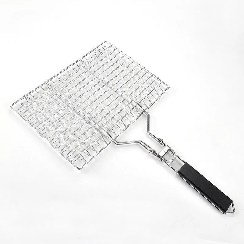 Square stainless steel folding barbecue grill mesh basket with cleaning brush