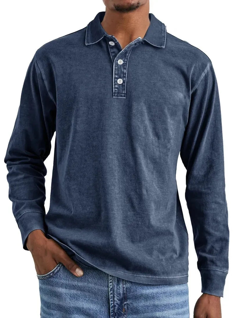Retro washed distressed cotton lapel polo shirt in long sleeve design on mannequin