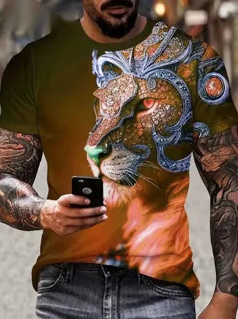 Men's black T-shirt with a detailed, raised 3D lion print on the chest.