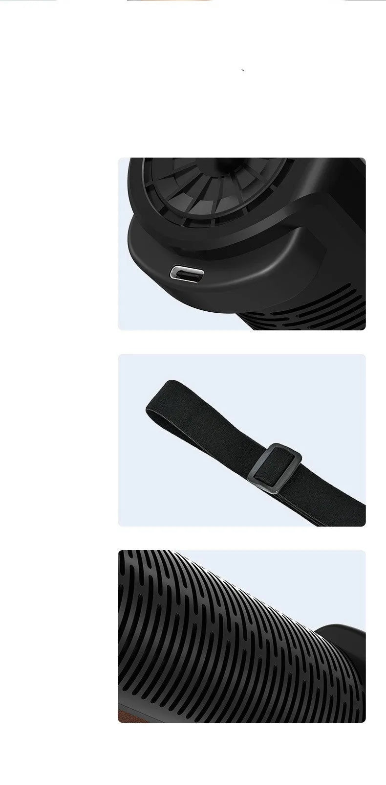 Black car mounted bladeless fan with USB power cord for vehicle ventilation