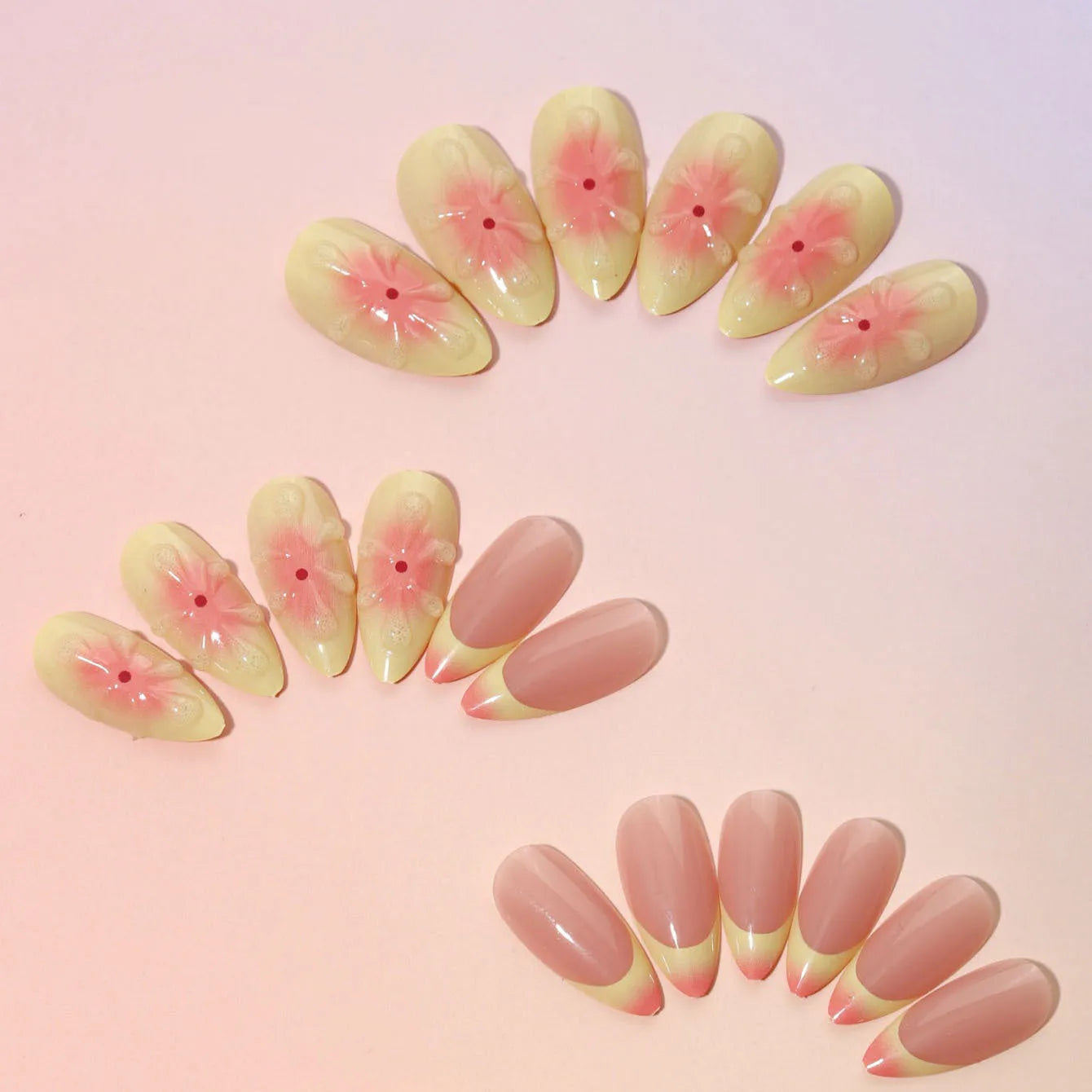 Fake nails with 3D cartoon flower designs on plastic wearable armour pieces in colour TY-318