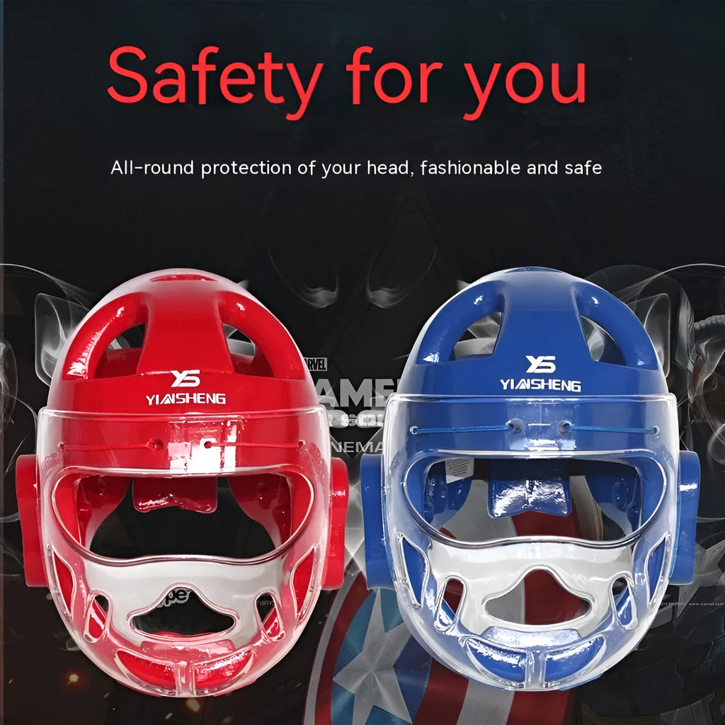 Karate helmet protective equipment for boxing in white, blue and red colour options