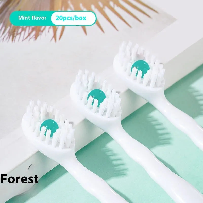 Box of 20 mint flavour disposable chewable bead toothbrushes for travel.
