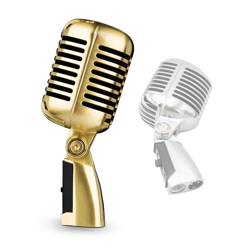 Silver retro dynamic stage microphone with all-metal construction and classic design