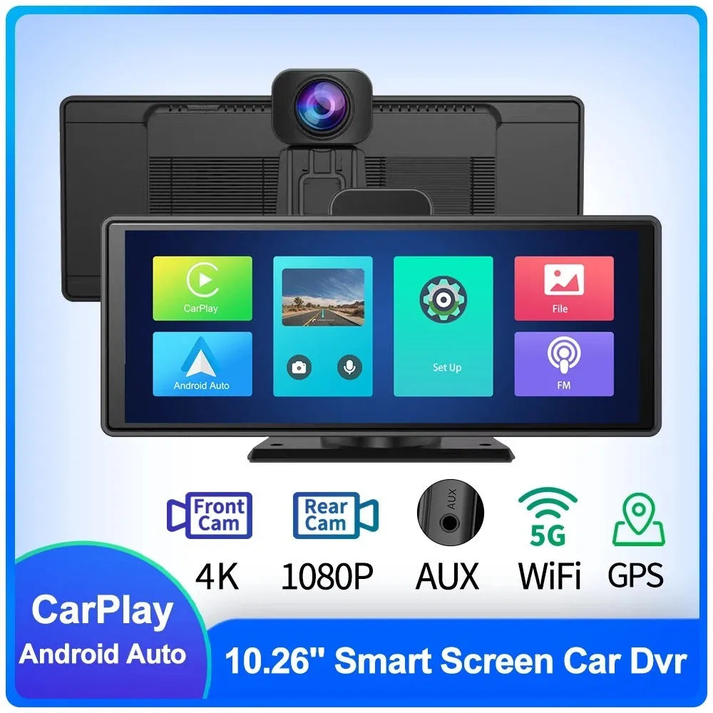 12-inch touch screen car dash cam with front and rear recording cameras displayed on split screen