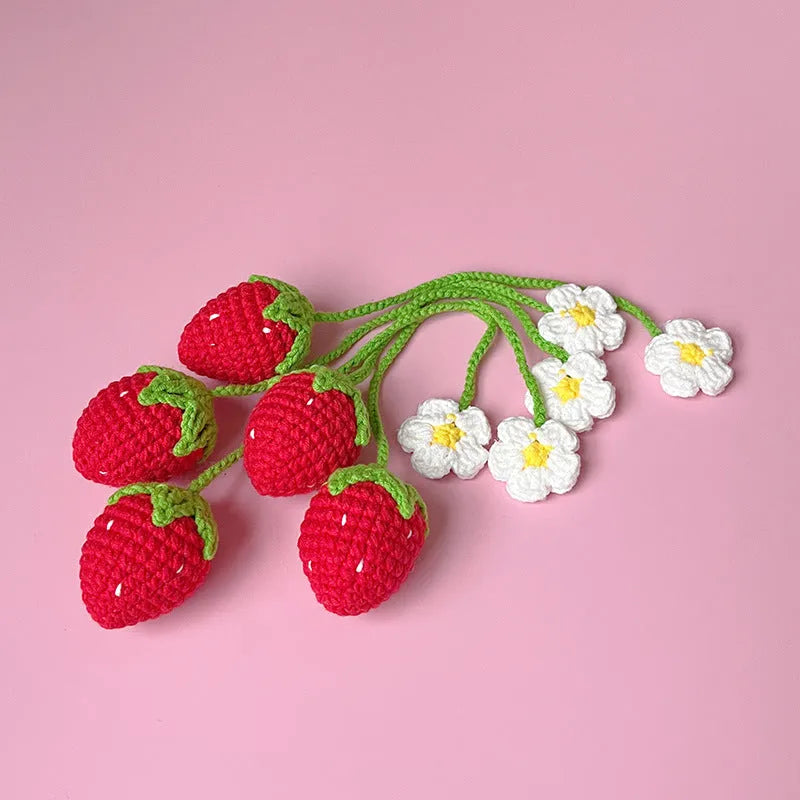 Handmade wool crochet strawberry pendant with 35cm cord in pink or red colour